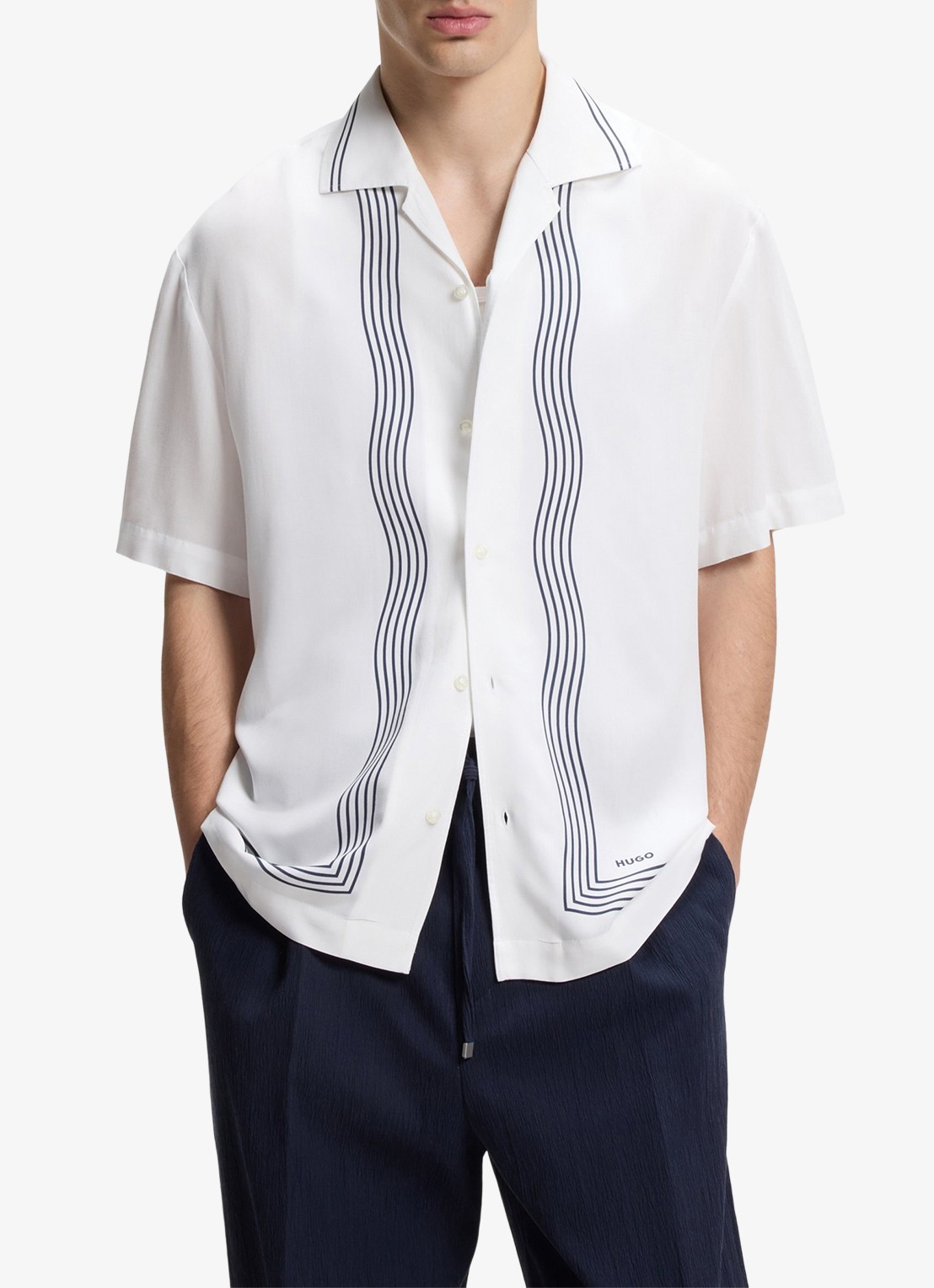 HUGO Oversized fit overhemd met grafische print - detail creme