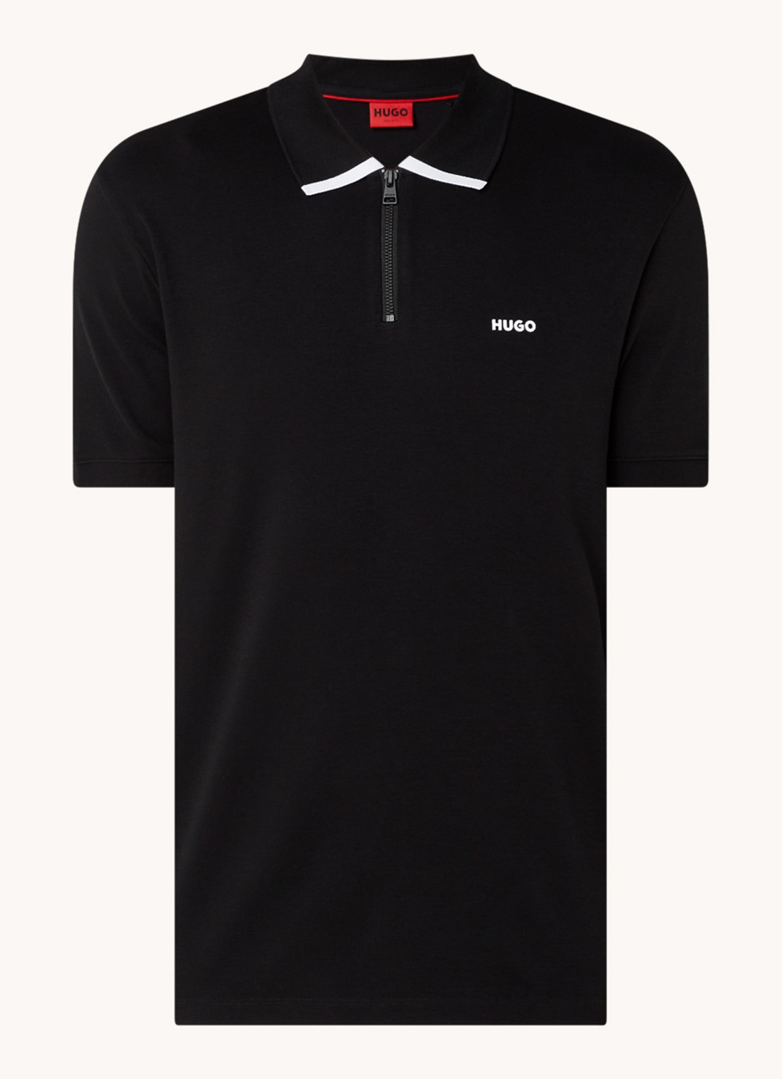 HUGO Polo van katoenpiqué met contrastlogo - voorkant 3 black-001 / zwart