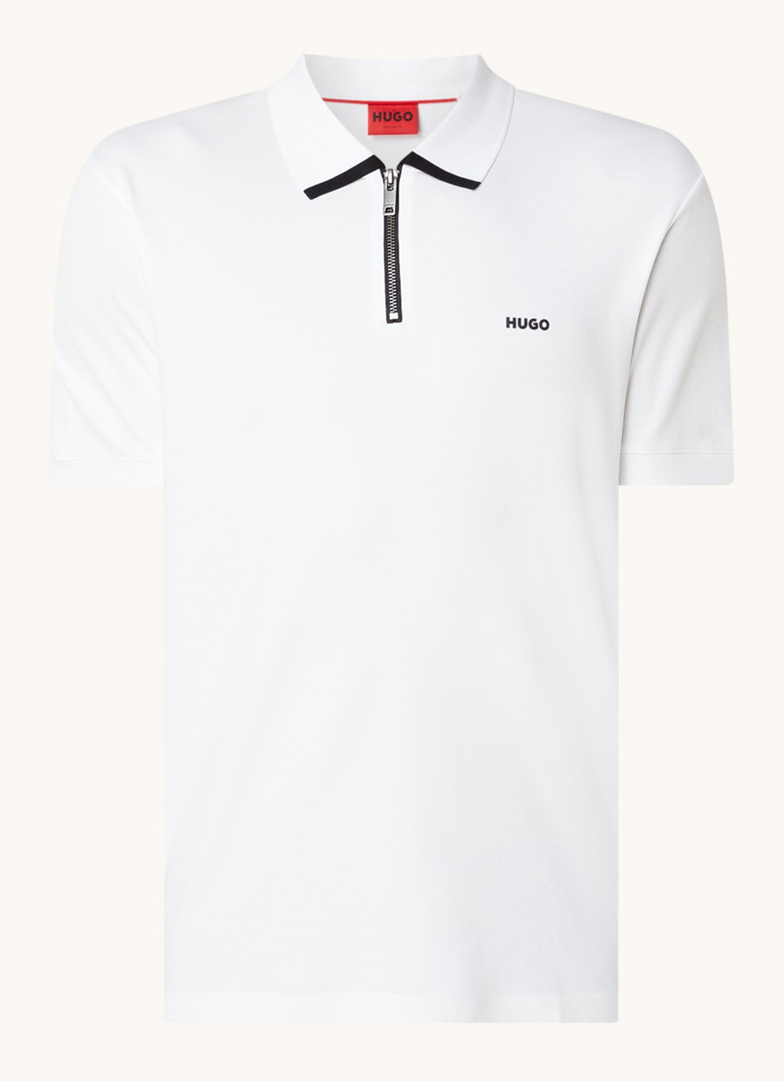 HUGO Polo van katoenpiqué met contrastlogo - voorkant 3 white-100 / wit