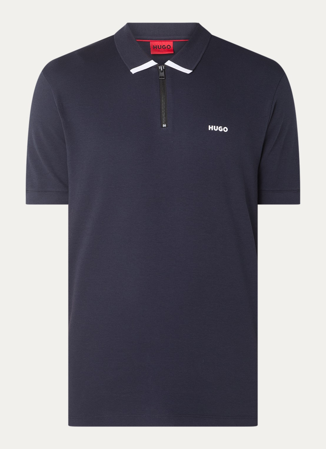 HUGO Polo van katoenpiqué met contrastlogo - voorkant dark blue-405 / blauw