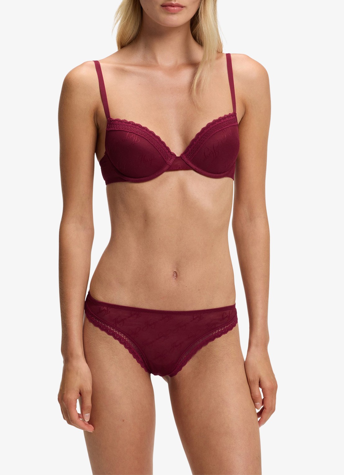 HUGO Push-up bh van mesh met kant en logoborduring - detail bordeauxrood
