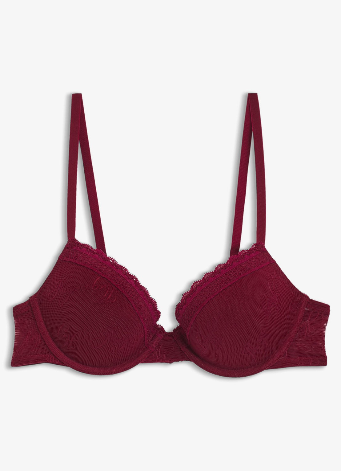 HUGO Push-up bh van mesh met kant en logoborduring - voorkant 5 bordeauxrood