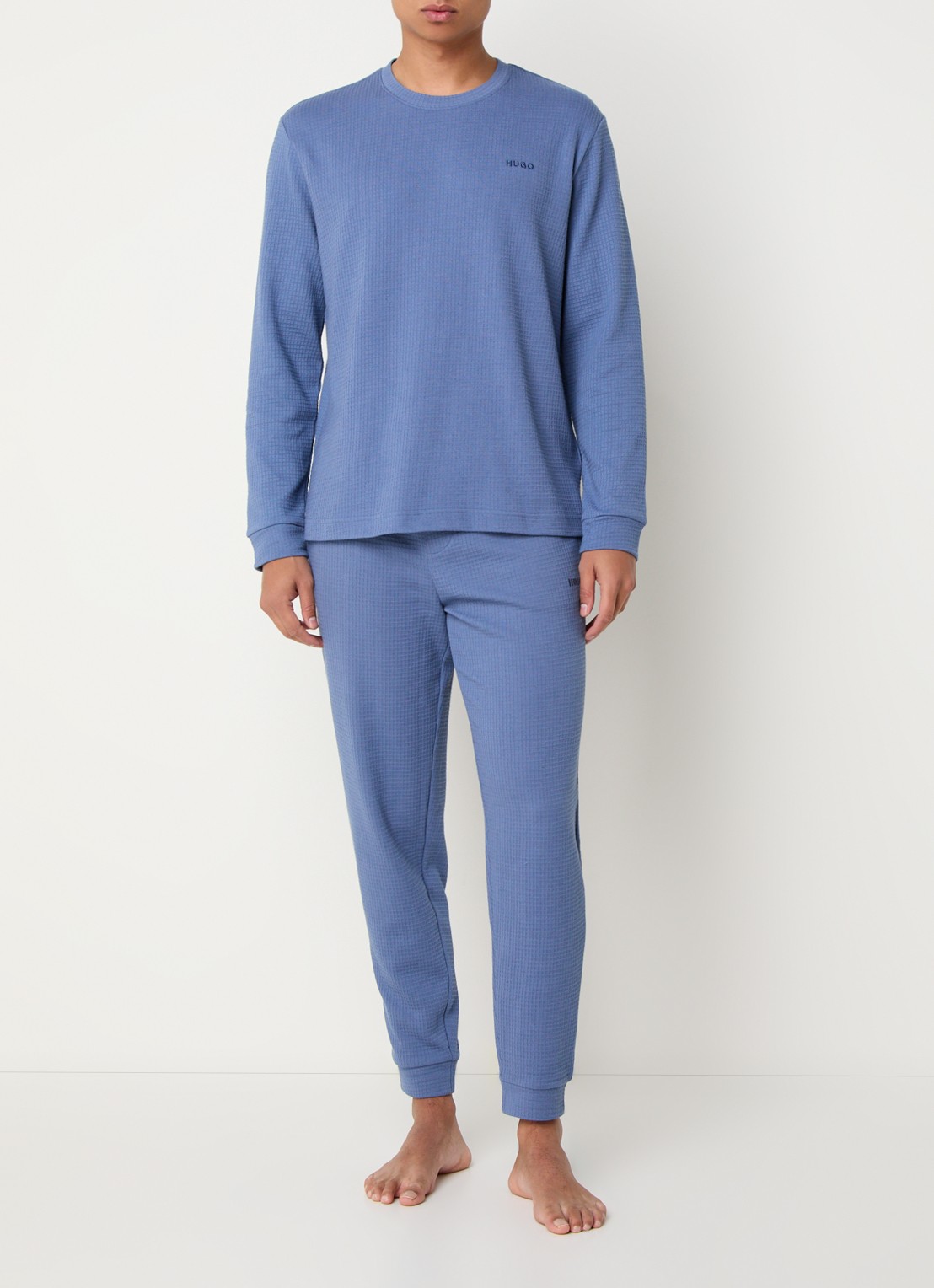 HUGO Pyjama-T-shirt van een katoenmix met wafelstructuur - voorkant 4 donkerblauw