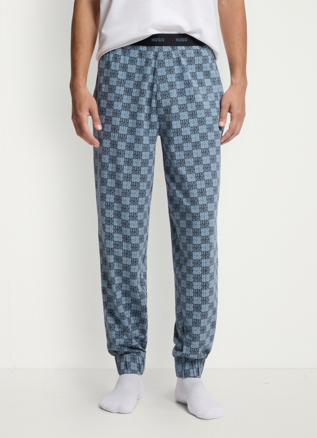 HUGO Pyjamabroek met logoprint - detail blauwgrijs