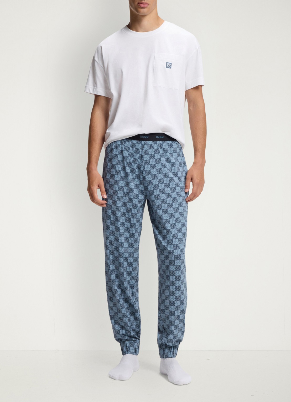 HUGO Pyjamabroek met logoprint - voorkant 5 blauwgrijs