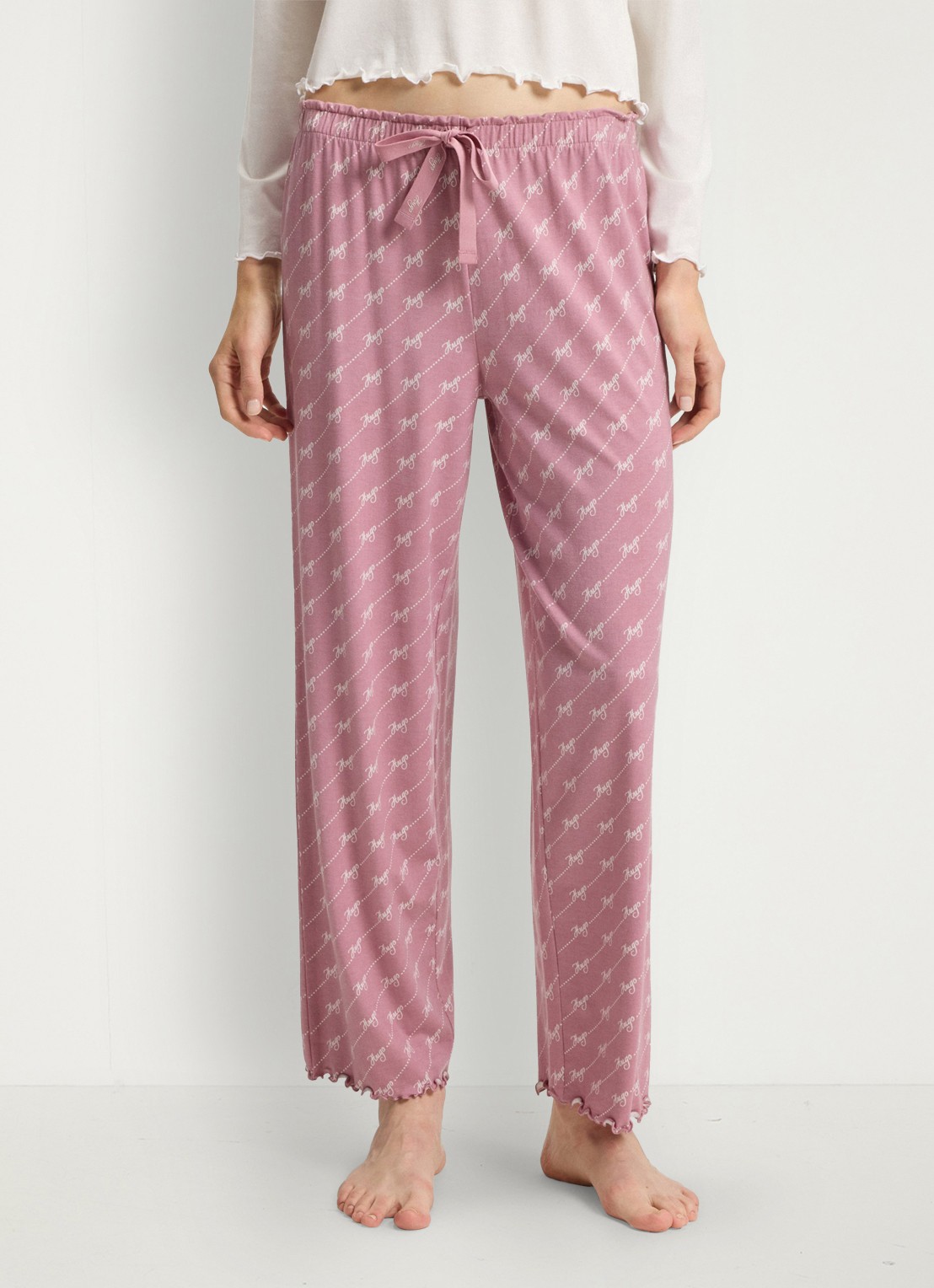 HUGO Pyjamabroek van stretchjersey met all-over print - detail open pink-698 / roze