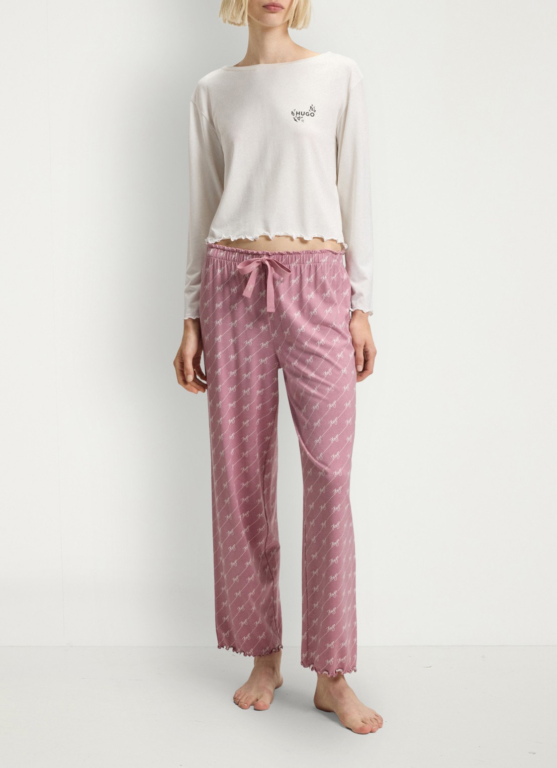 HUGO Pyjamabroek van stretchjersey met all-over print - voorkant 5 open pink-698 / roze