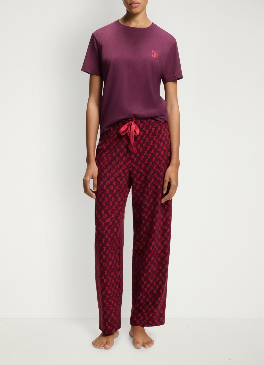 HUGO Pyjamabroek van stretchjersey met all-over print - voorkant 2 donkerrood