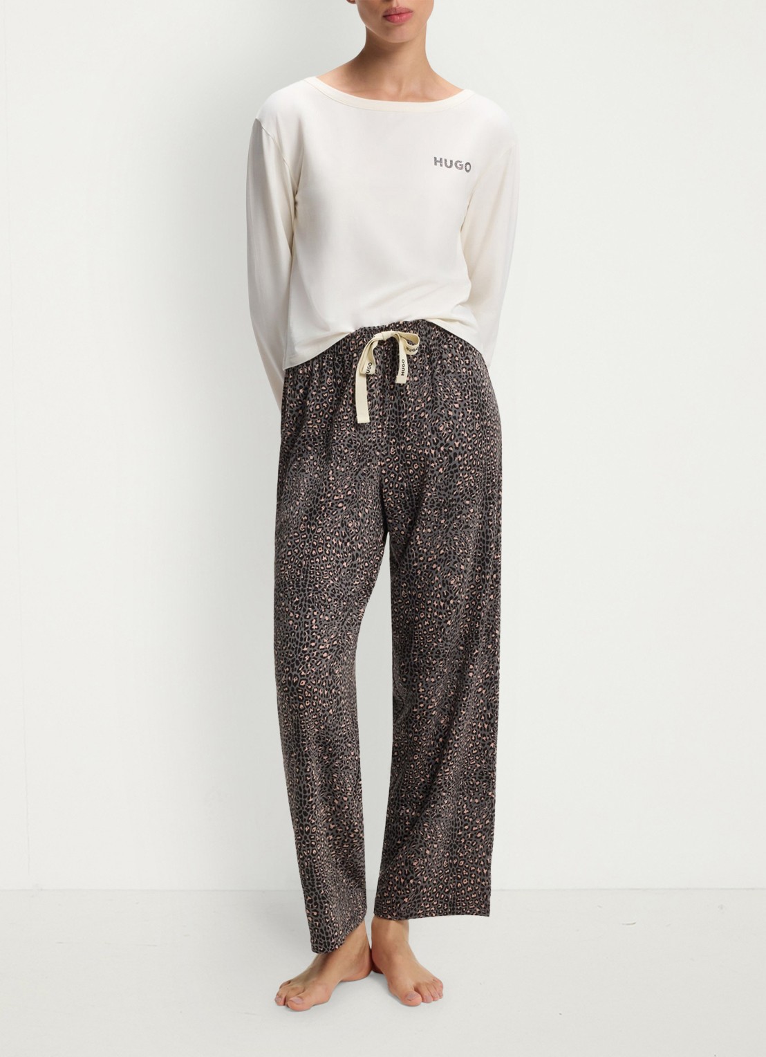 HUGO Pyjamabroek van stretchjersey met all-over print - voorkant 2 middengrijs