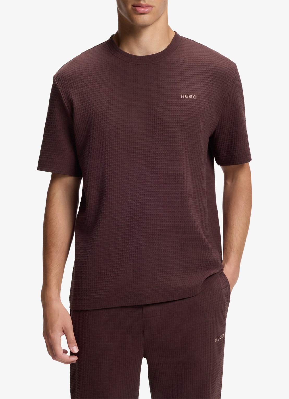 HUGO Pyjamashirt met wafelstructuur en logostiksel - detail 4 open brown-249 / bruin