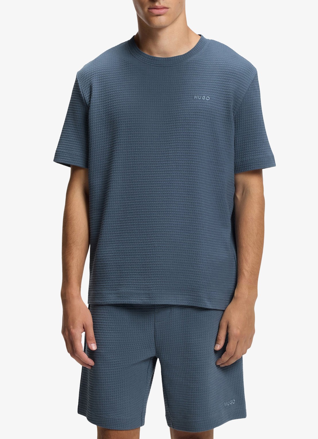 HUGO Pyjamashirt met wafelstructuur en logostiksel - detail 6 open blue-496 / blauw