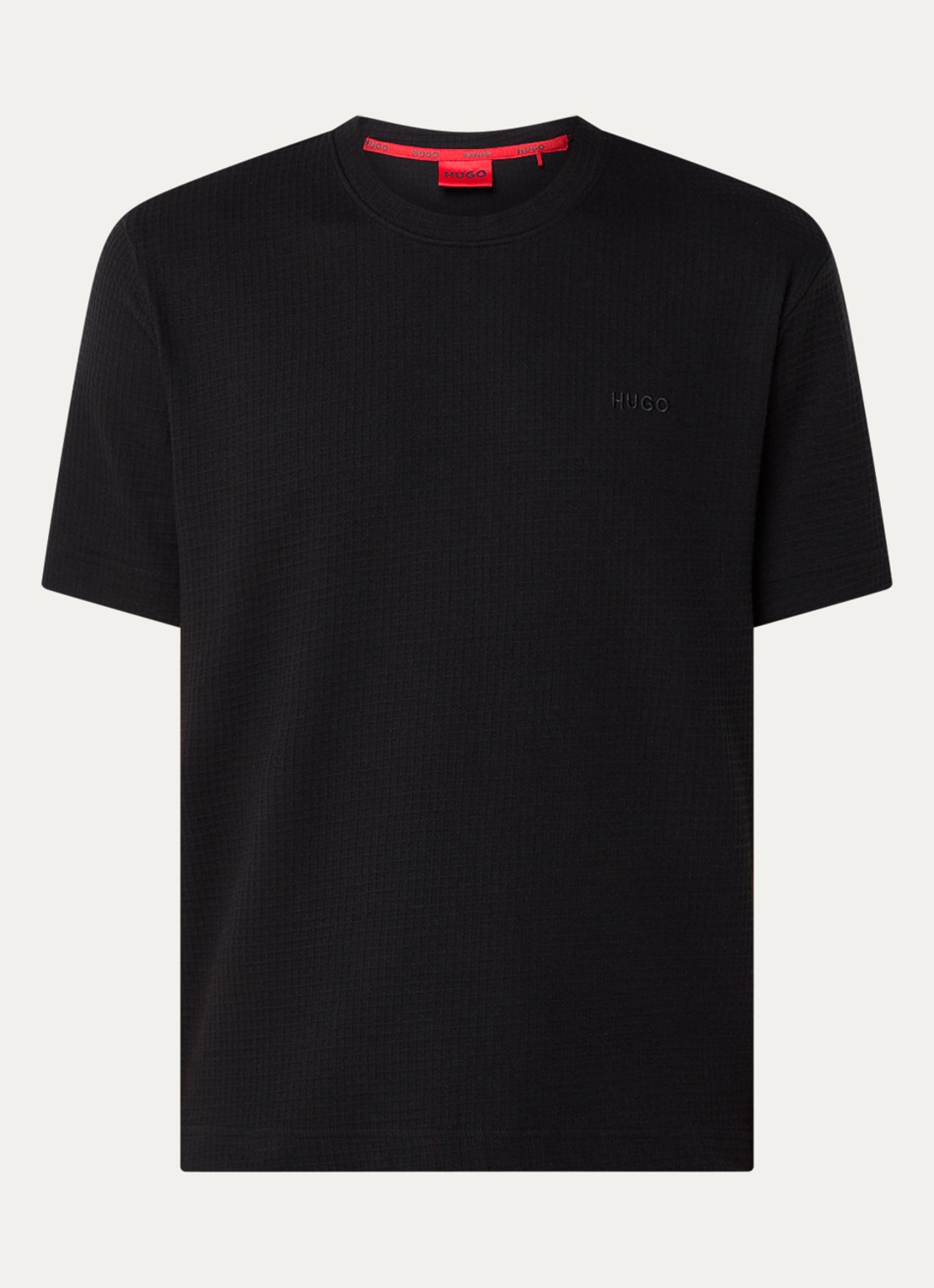 HUGO Pyjamashirt met wafelstructuur en logostiksel - voorkant 3 black-001 / zwart