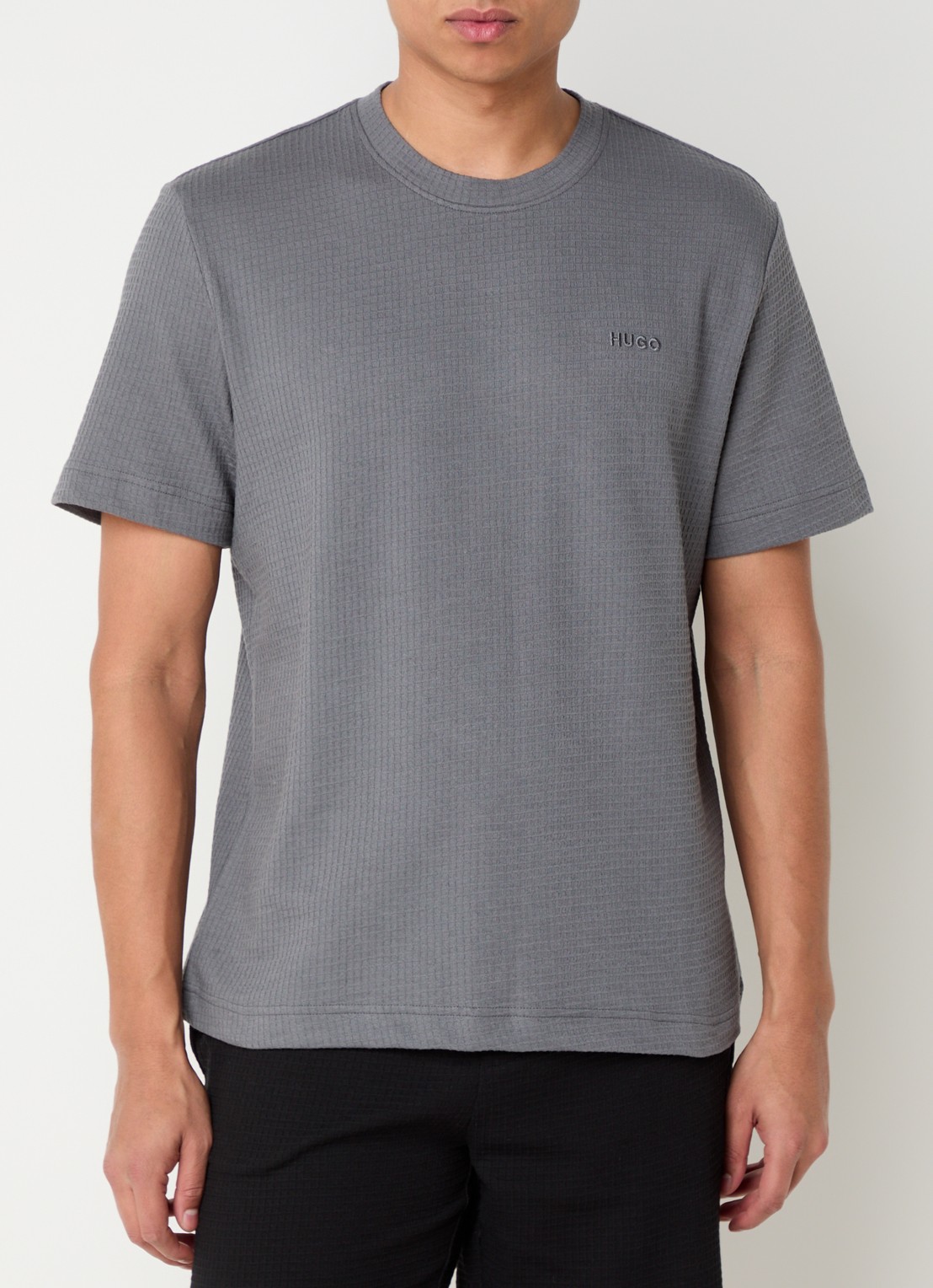 HUGO Pyjamashirt met wafelstructuur en logostiksel - detail 3 open grey-086 / grijs