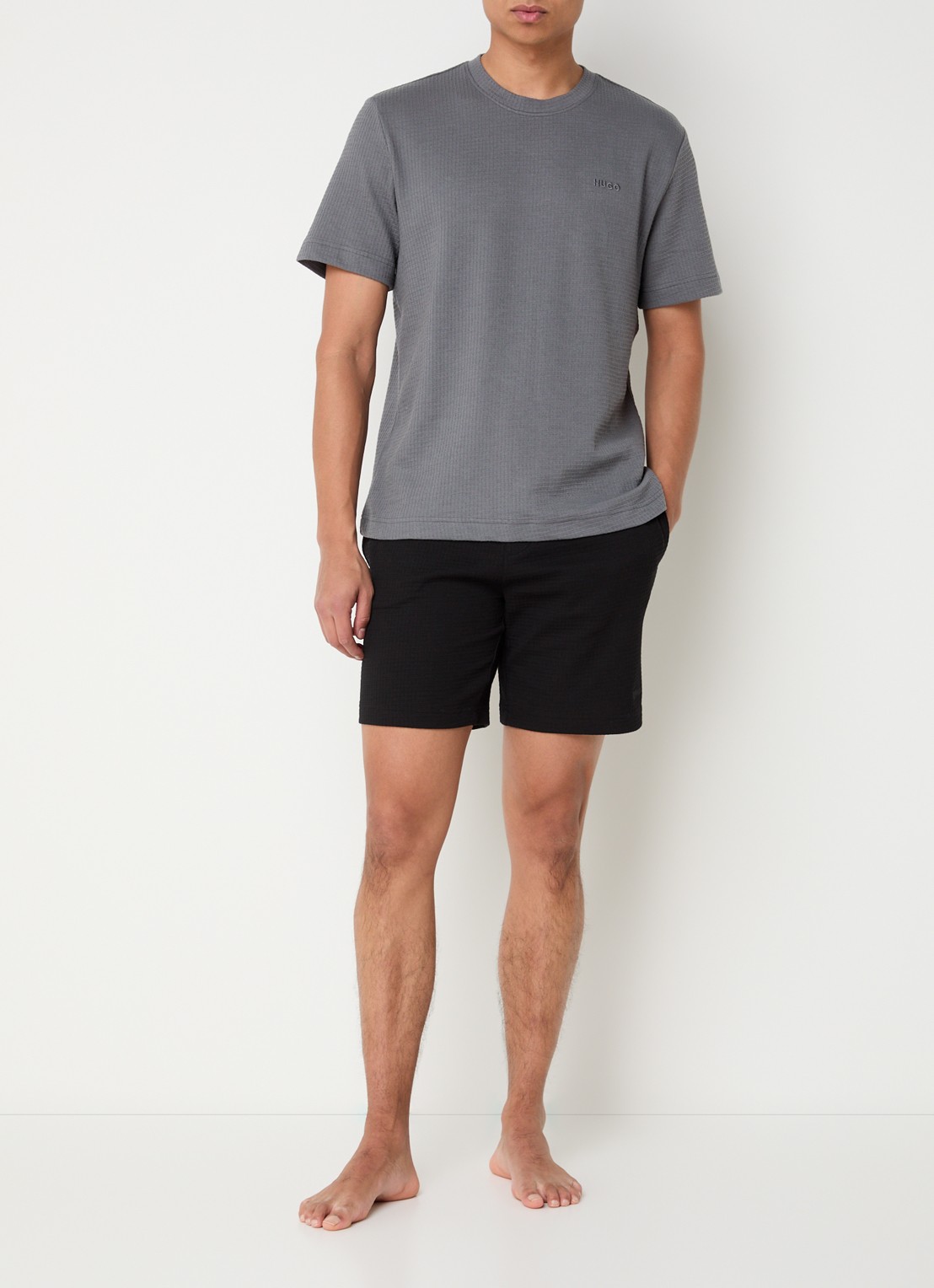 HUGO Pyjamashirt met wafelstructuur en logostiksel - voorkant 2 open grey-086 / grijs
