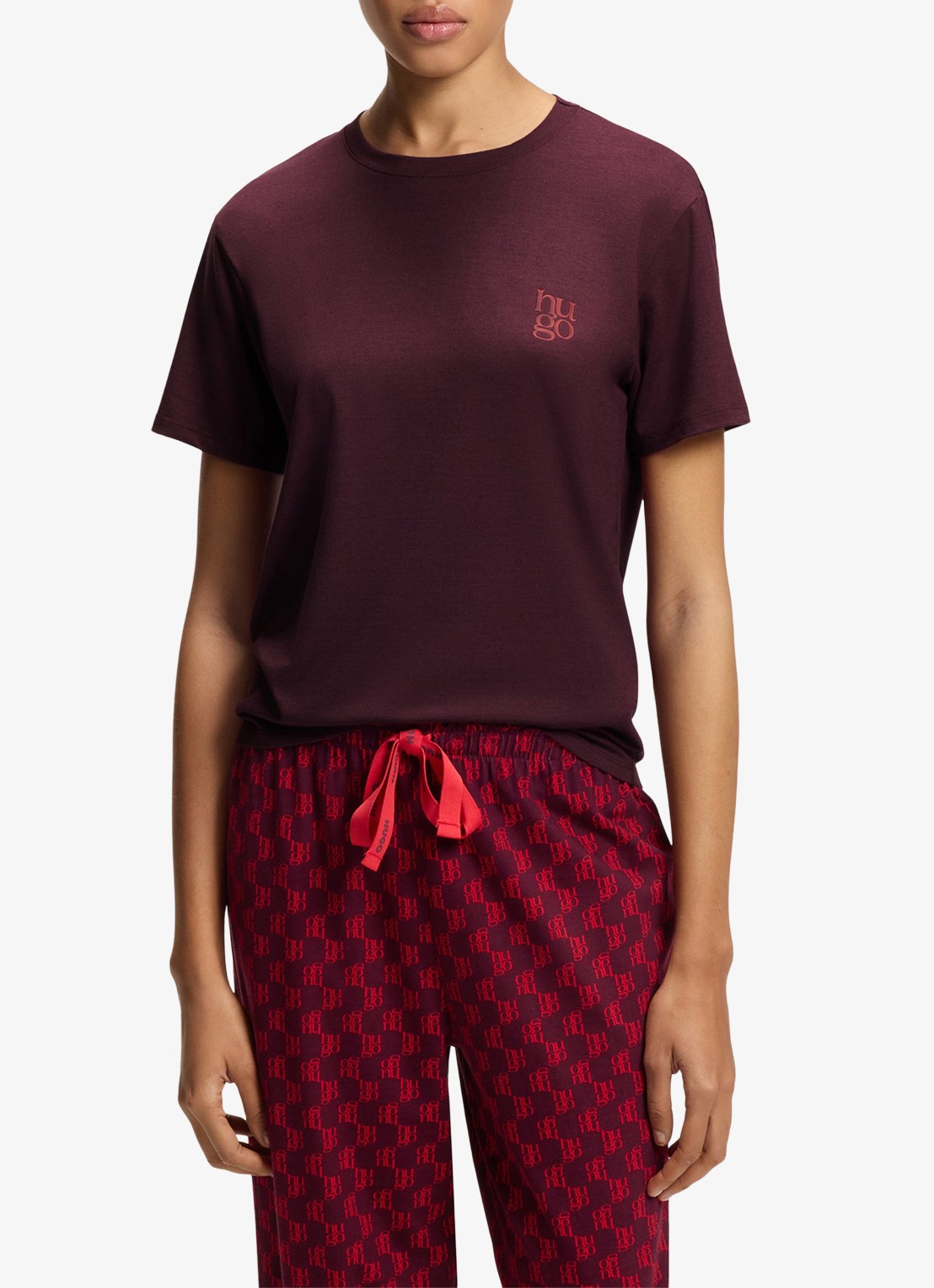 HUGO Pyjamashirt van stretchjersey met logoprint - detail 2 aubergine
