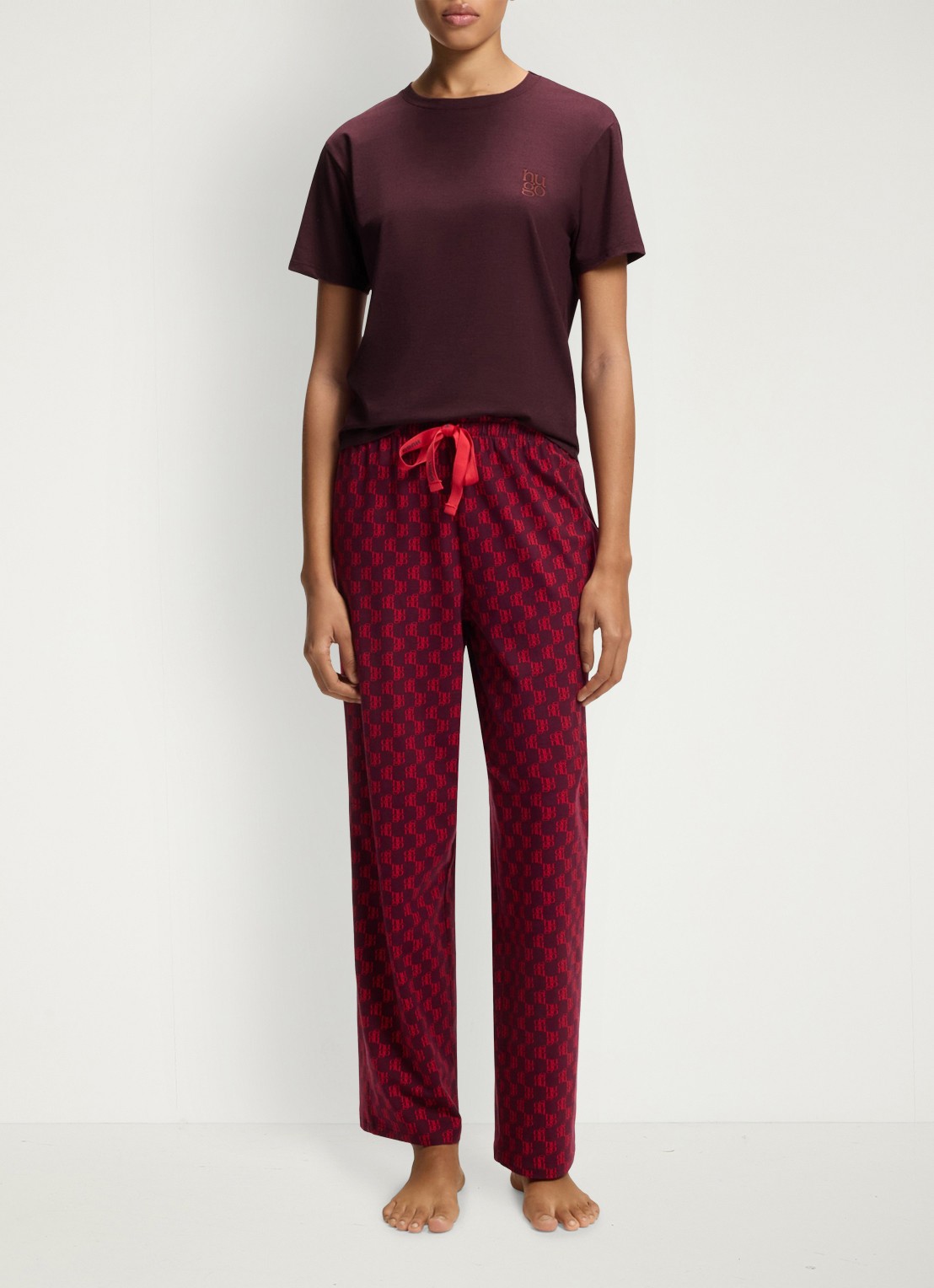 HUGO Pyjamashirt van stretchjersey met logoprint - voorkant 5 aubergine