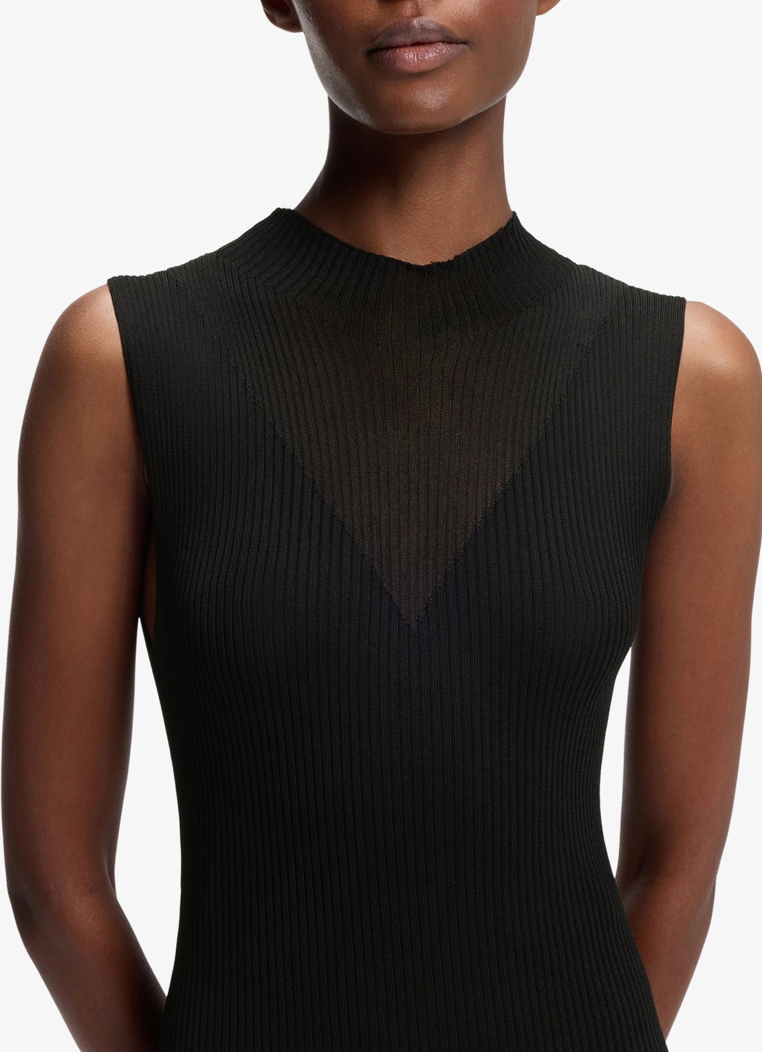 HUGO Ribgebreide maxi jurk met opstaande kraag - detail 4 black-001 / zwart