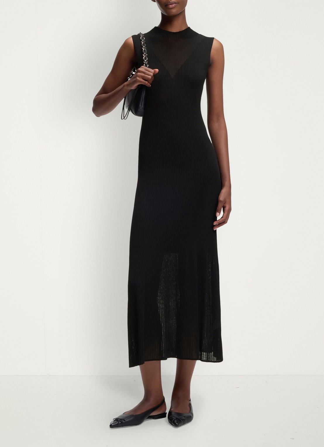 HUGO Ribgebreide maxi jurk met opstaande kraag - voorkant 2 black-001 / zwart