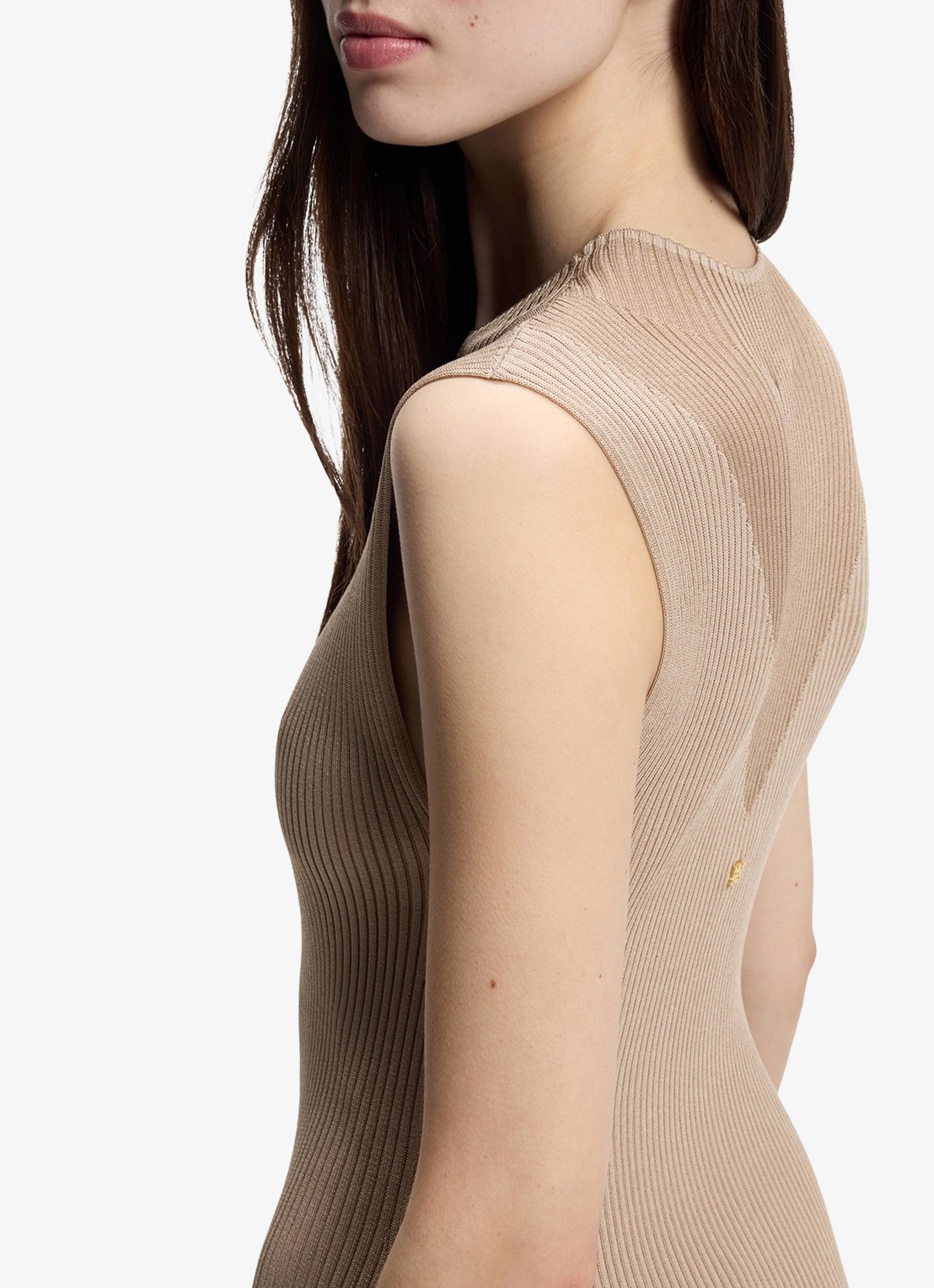 HUGO Ribgebreide maxi jurk met opstaande kraag - detail 3 light/pastel brown-232 / bruin