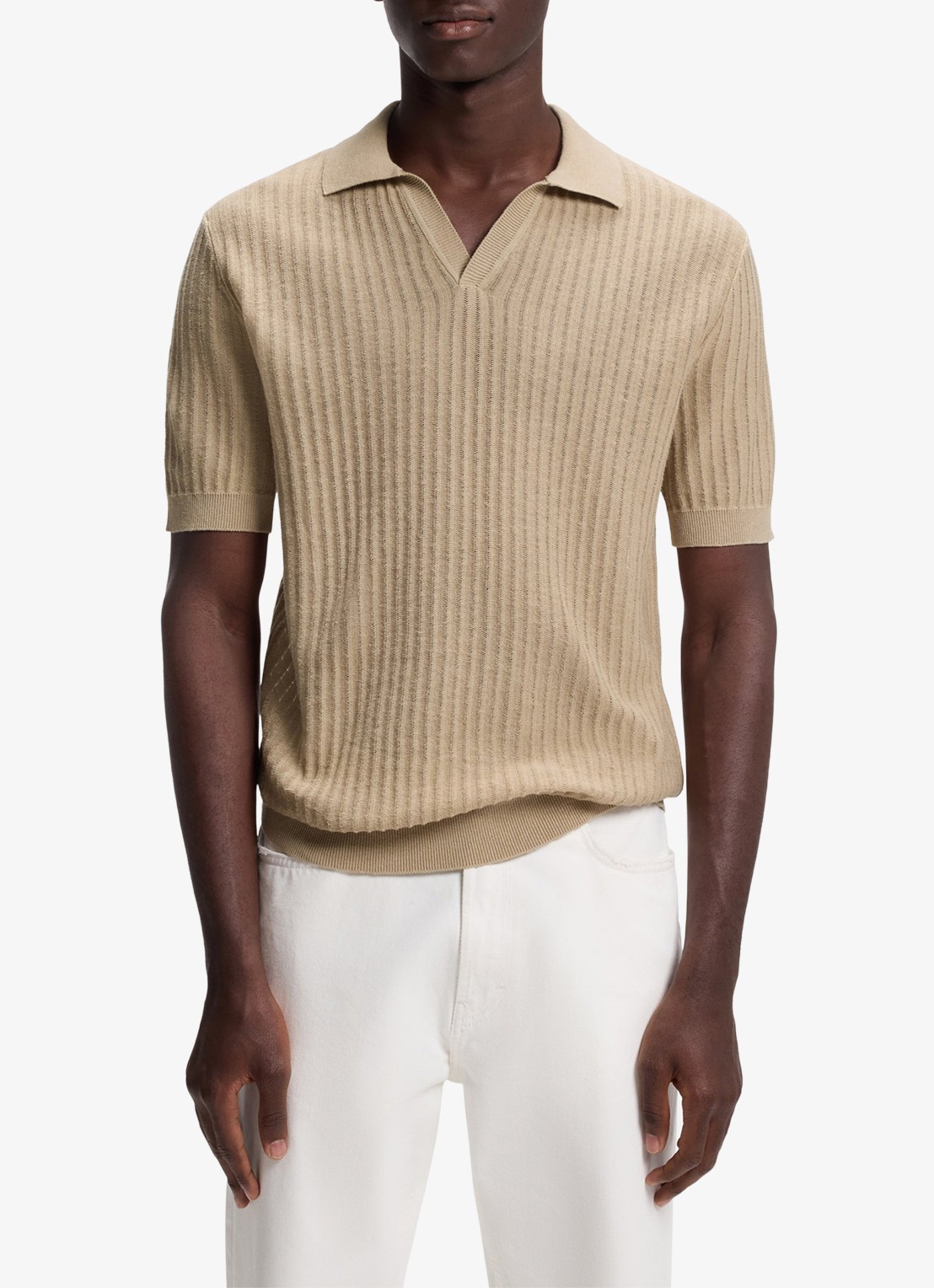 HUGO Ribgebreide polo in katoenblend - detail 4 beige