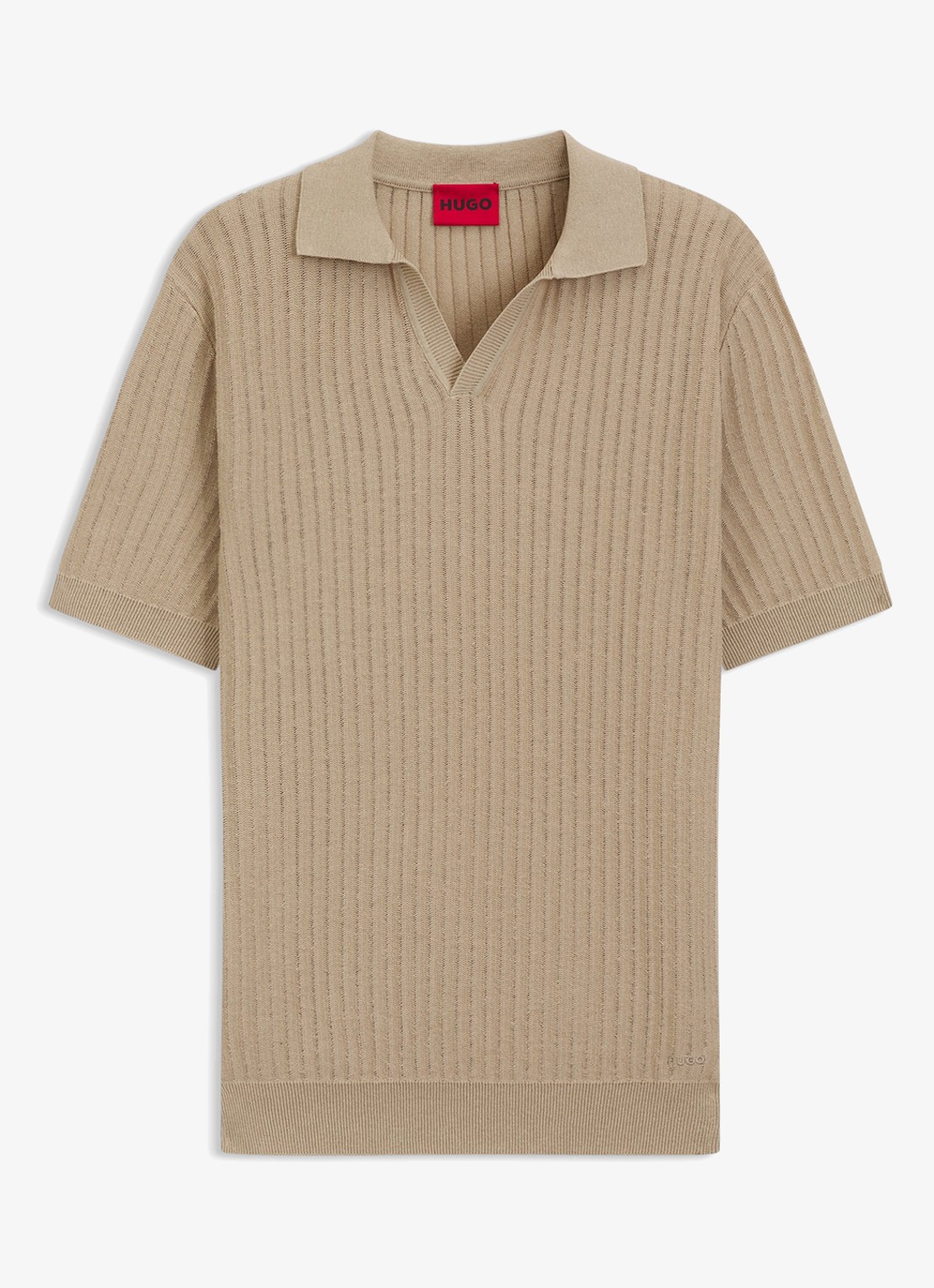 HUGO Ribgebreide polo in katoenblend - voorkant 2 beige