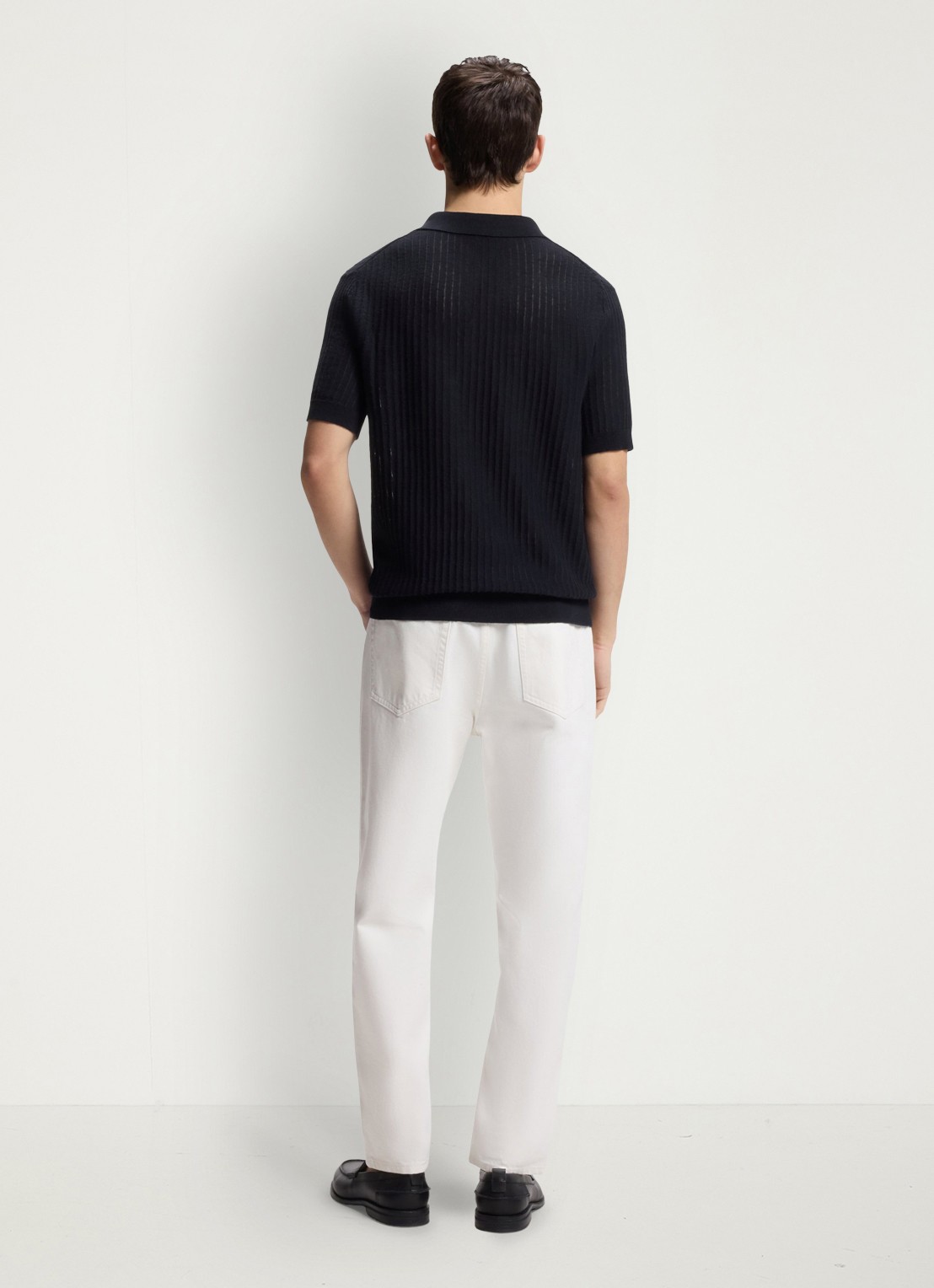 HUGO Ribgebreide polo in katoenblend - achterkant donkerblauw