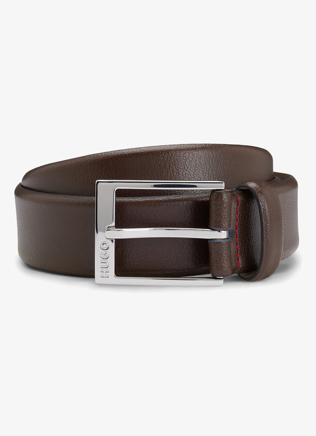 HUGO Riem van leer met logo - voorkant bruin