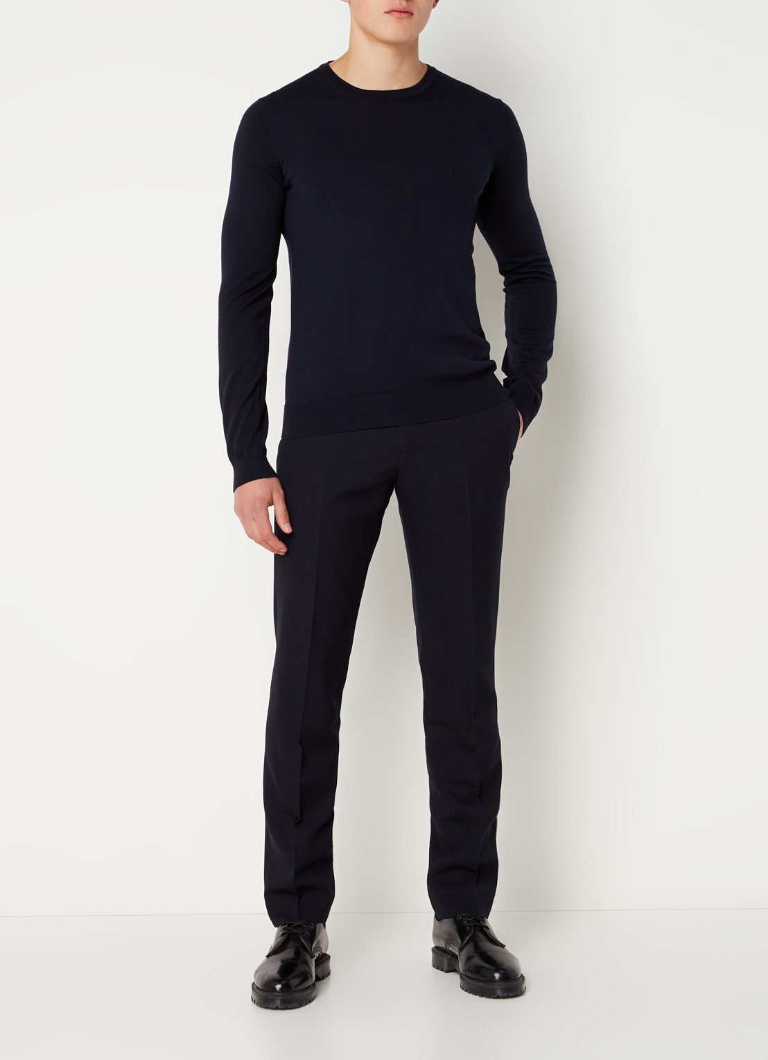 HUGO San Cedric fijngebreide pullover van wol  - voorkant 4 donkerblauw