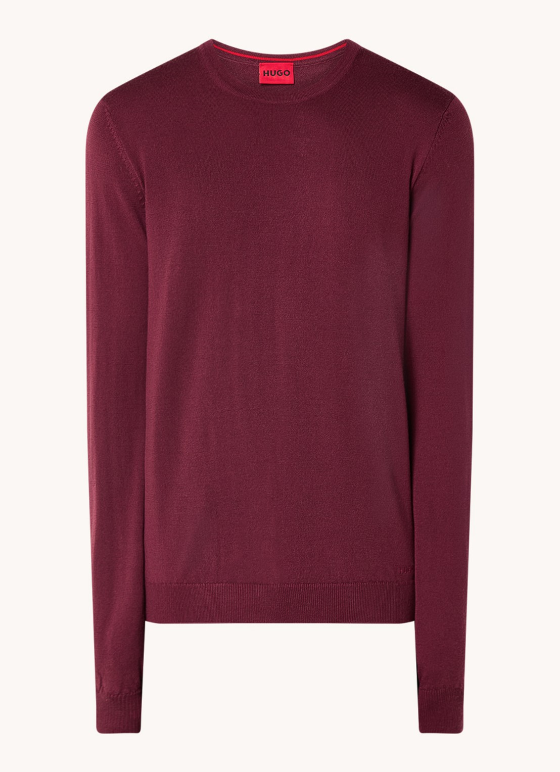 HUGO San Cedric fijngebreide pullover van wol  - voorkant 2 bordeauxrood