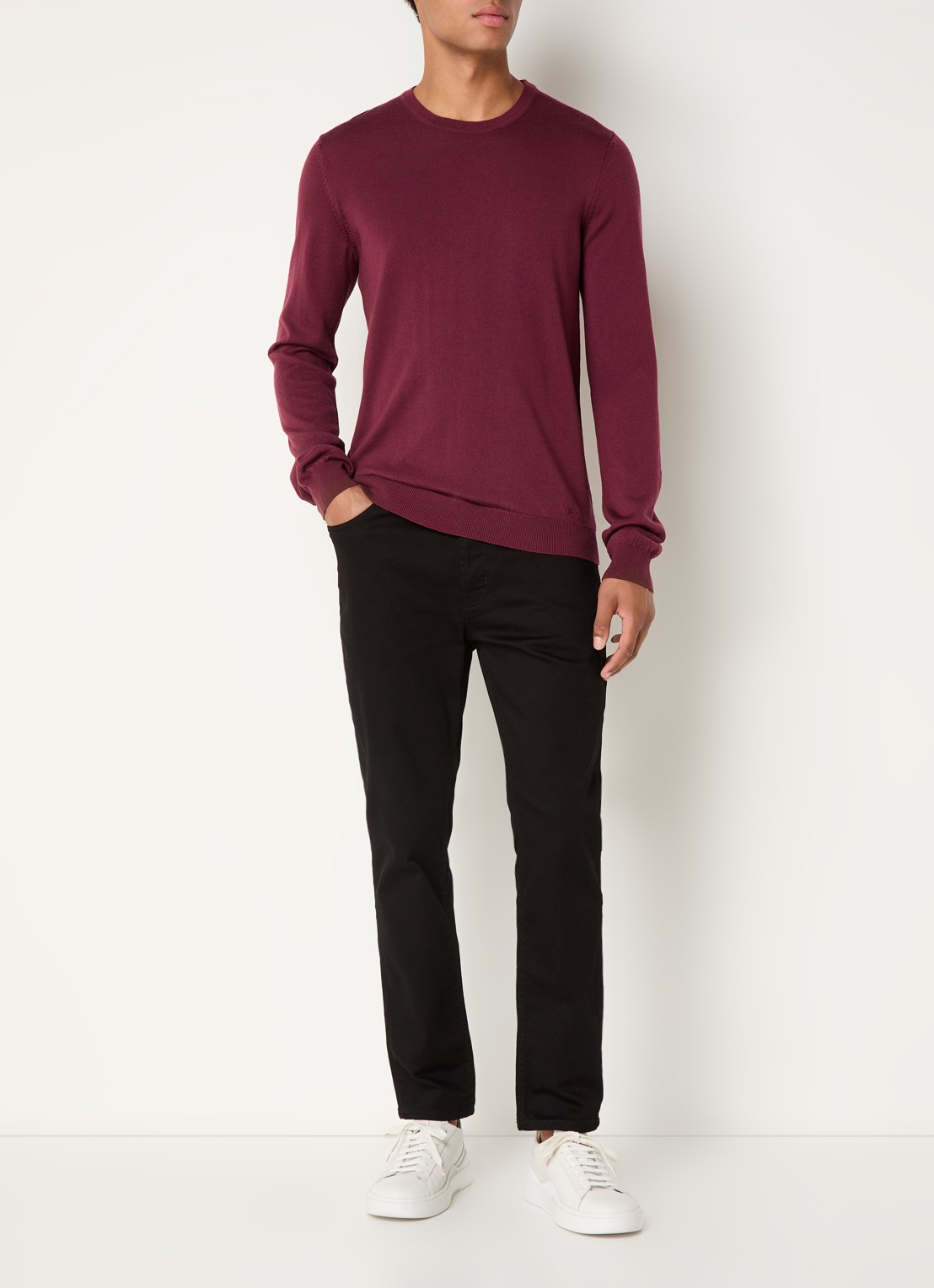 HUGO San Cedric fijngebreide pullover van wol  - voorkant 3 bordeauxrood