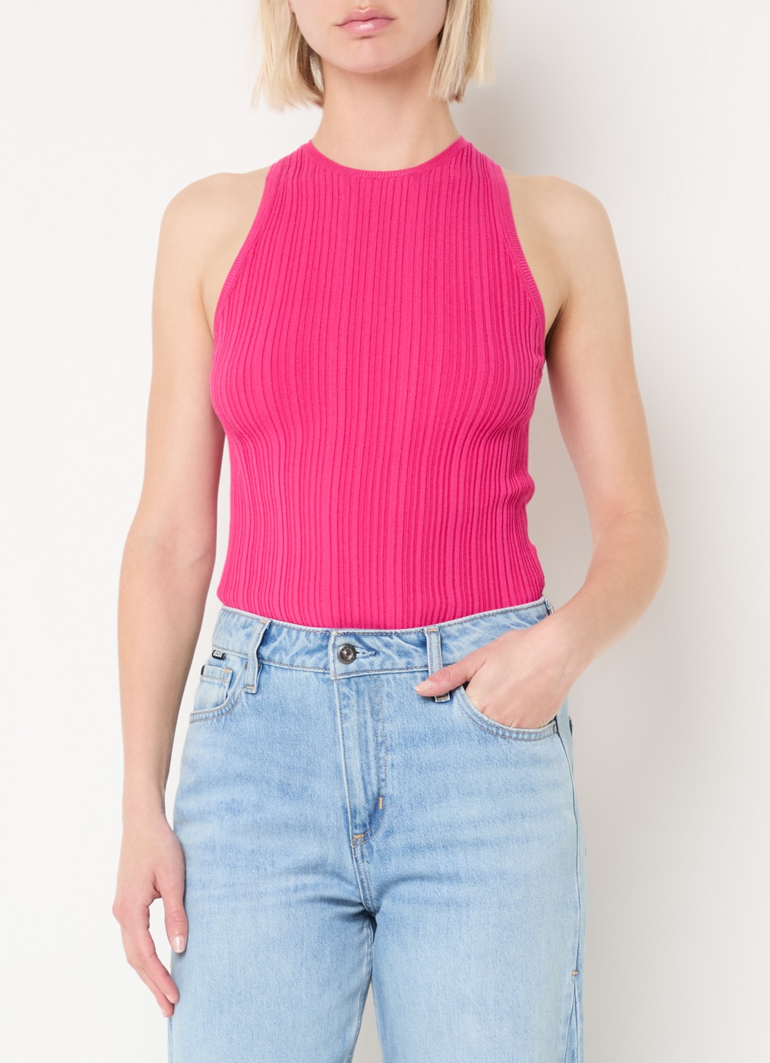 HUGO Sarepla  ribgebreide top met logoborduring  - detail bright pink-675 / roze