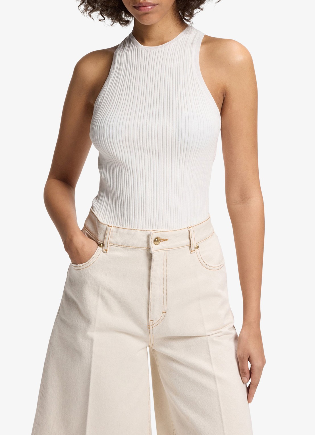 HUGO Sarepla  ribgebreide top met logoborduring  - detail 3 open white-115 / wit