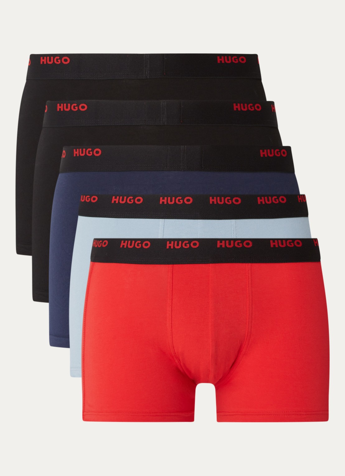 HUGO Set van vijf korte boxershorts met logotailleband van stretchkatoen - voorkant 3 zwart