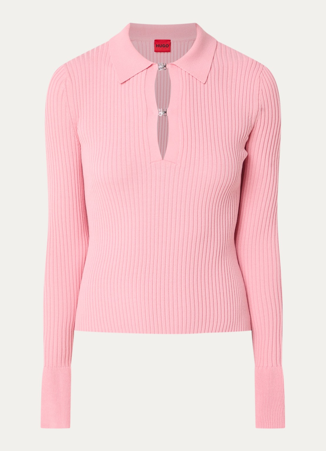 HUGO Sharro ribgebreide top met trompetmouw - voorkant 2 roze