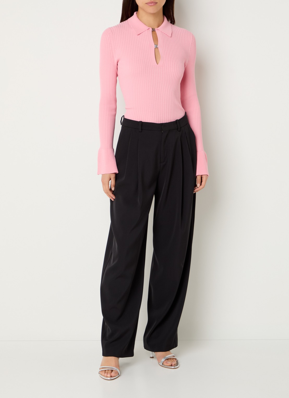 HUGO Sharro ribgebreide top met trompetmouw - voorkant 3 roze