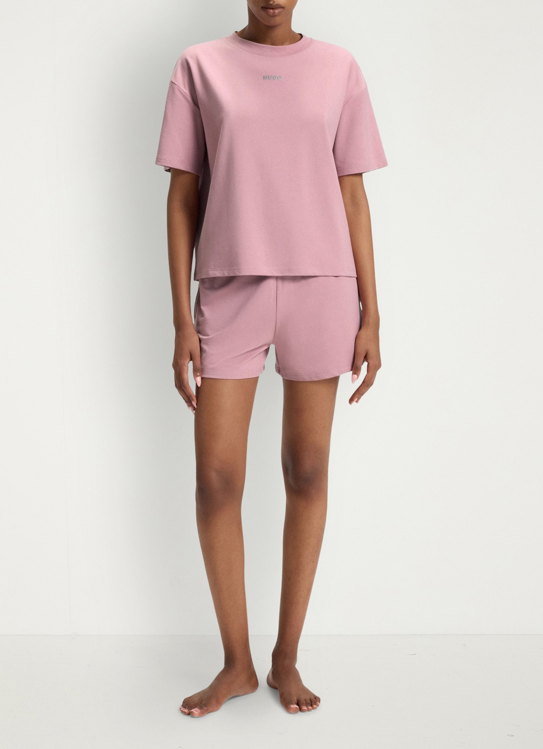 HUGO Shuffle pyjamashorts met logo - voorkant 3 open pink-696 / roze