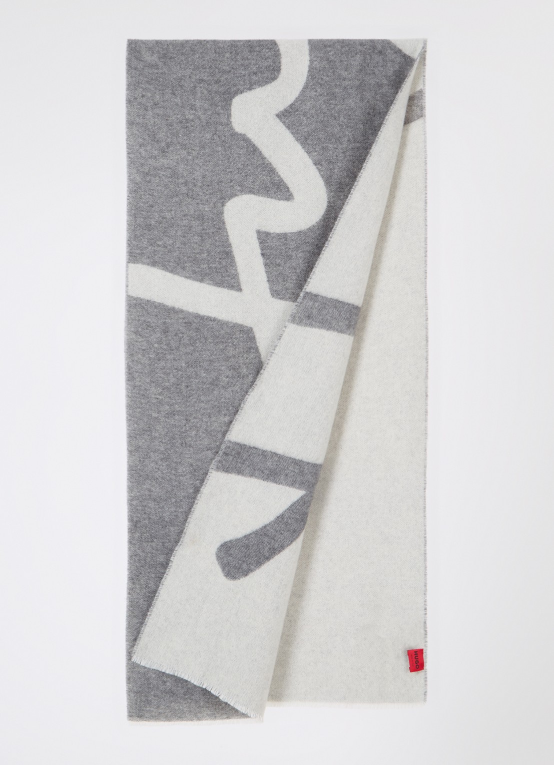 HUGO Sjaal in wolblend met logo 180 x 40 cm - detail grijs