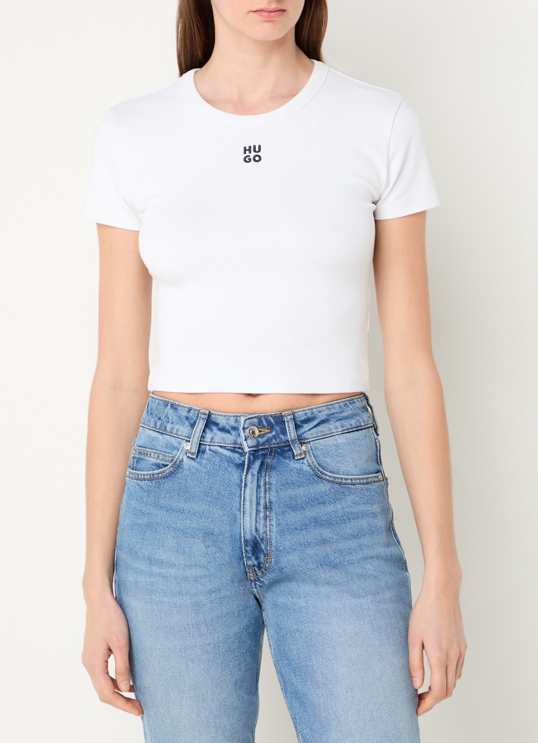 HUGO Slim-fit T-shirt van een katoenmix met logostiksel - detail 6 wit