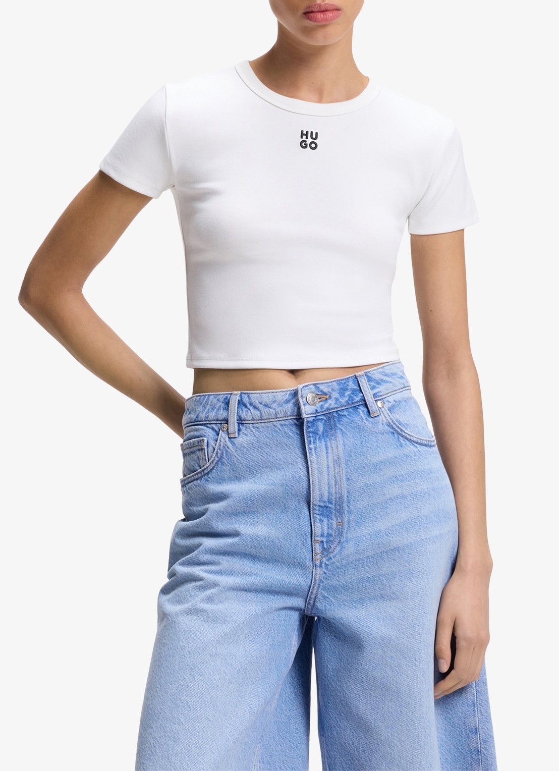 HUGO Slim-fit T-shirt van een katoenmix met logostiksel - detail 7 wit