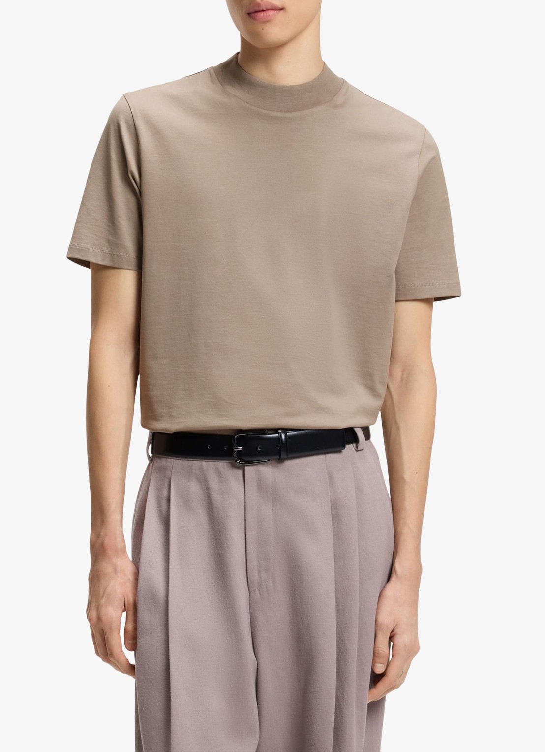 HUGO Slim-fit T-shirt van stretchkatoen met opstaande kraag - detail 2 lichtbruin