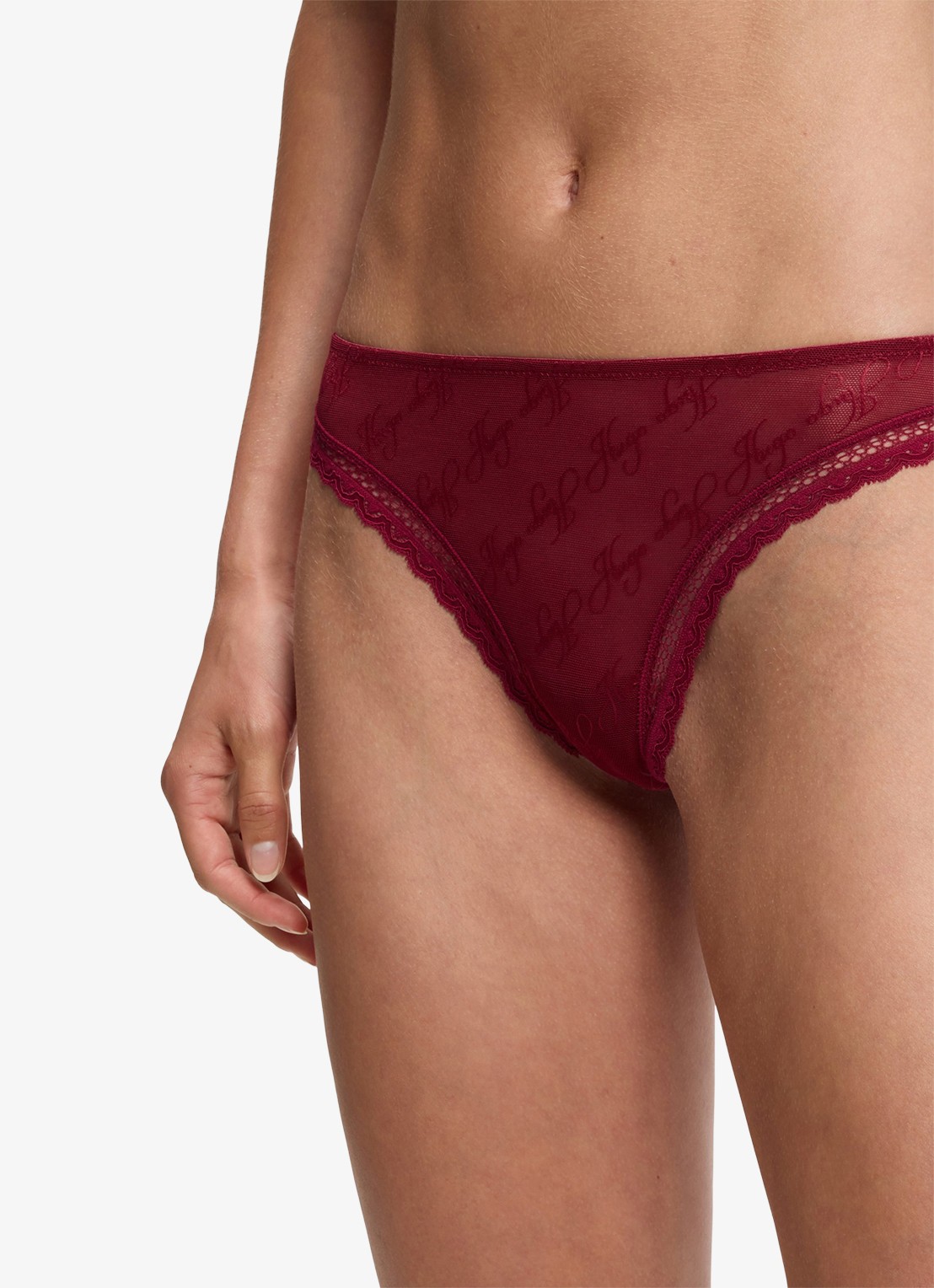 HUGO String van mesh met kant en logoborduring - detail 4 bordeauxrood