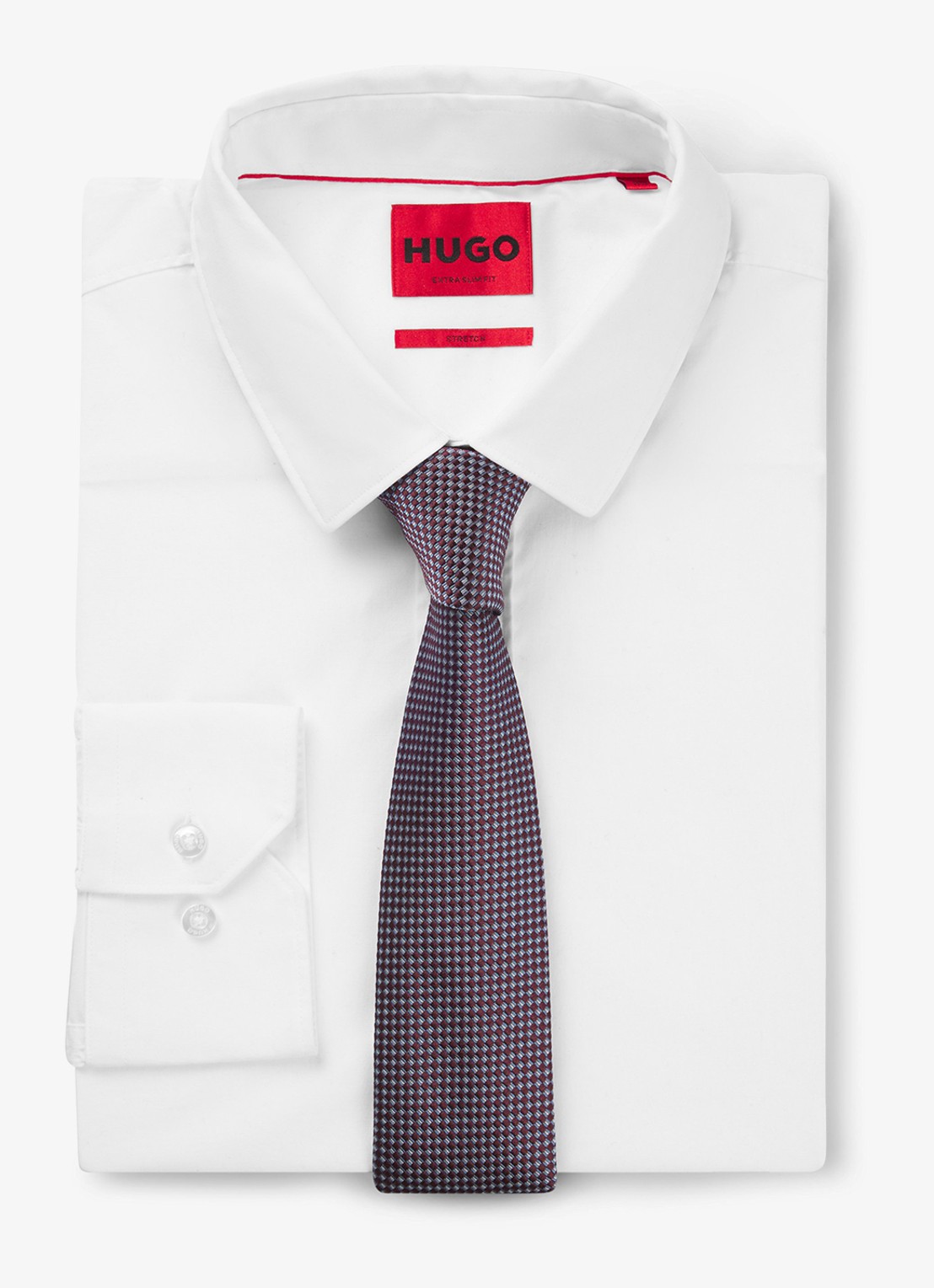 HUGO Stropdas van zijde met stippenprint - detail bordeauxrood