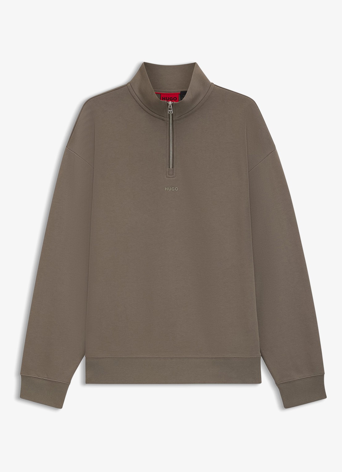HUGO Sweatshirt van katoenen badstof met logo en ritskraag - voorkant middengrijs