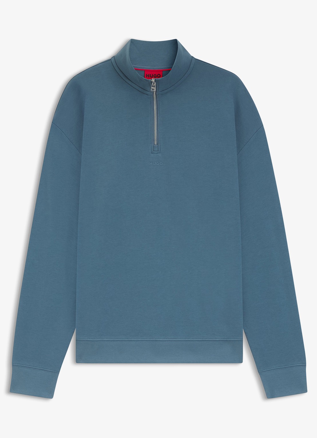 HUGO Sweatshirt van katoenen badstof met logo en ritskraag - voorkant staalblauw