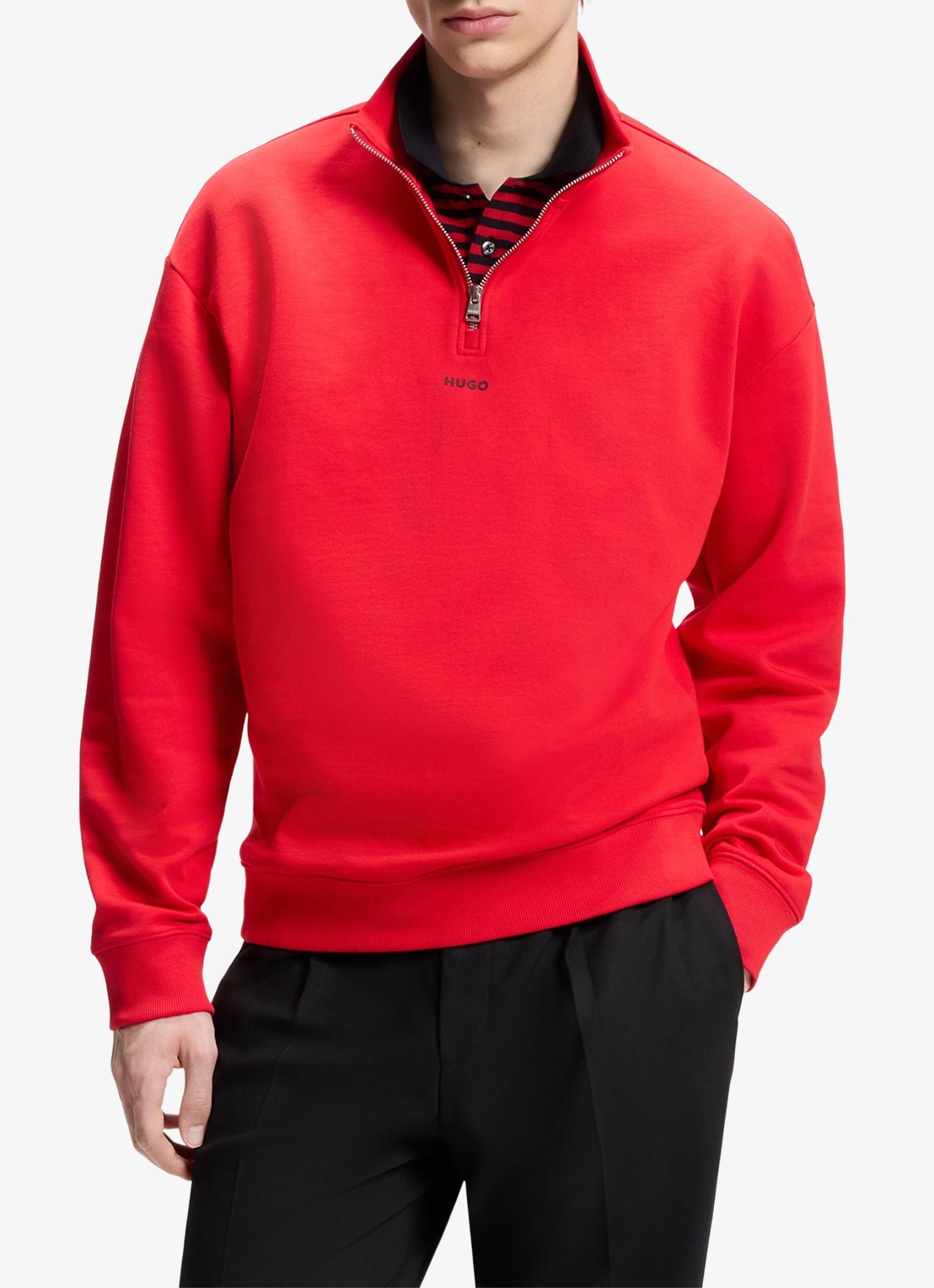 HUGO Sweatshirt van katoenen badstof met logo en ritskraag - detail 4 oudroze