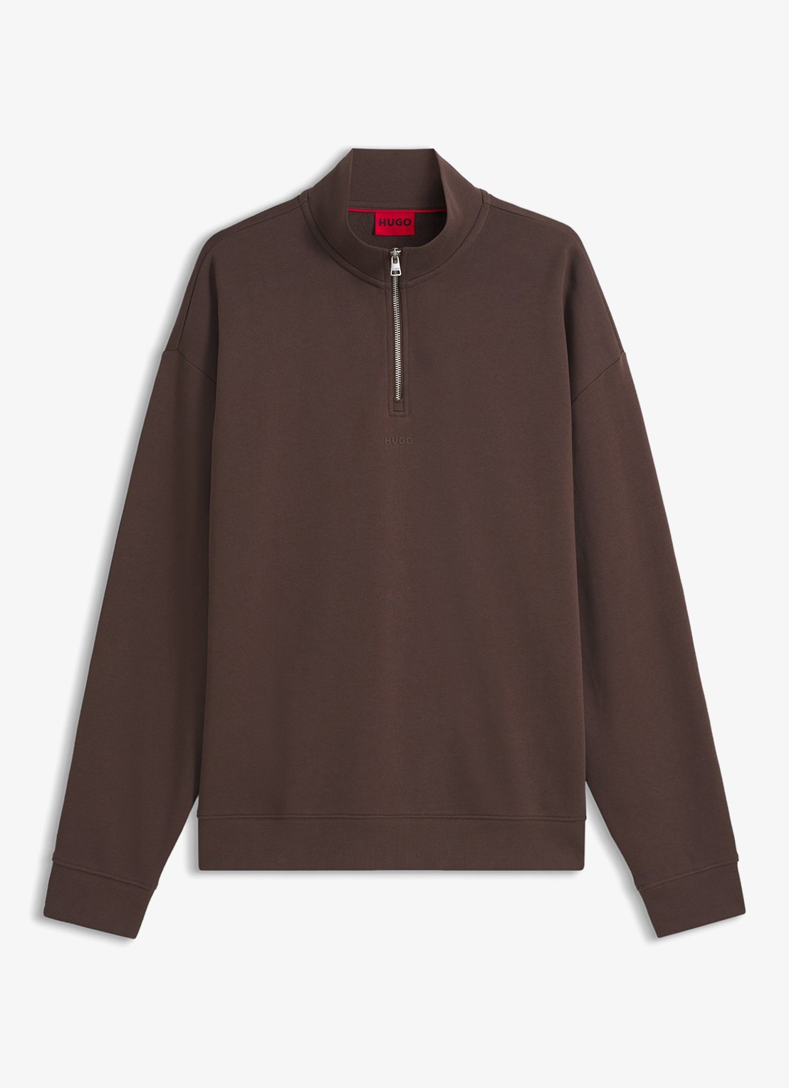 HUGO Sweatshirt van katoenen badstof met logo en ritskraag - voorkant 2 brown overflow-903 / bruin