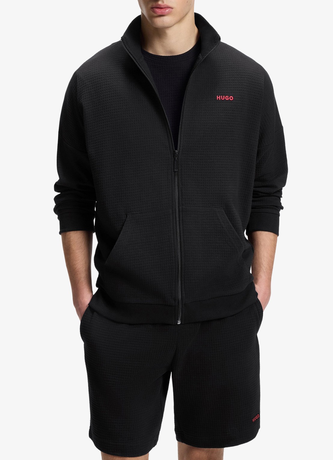 HUGO Sweatvest met wafelstructuur - detail 3 zwart