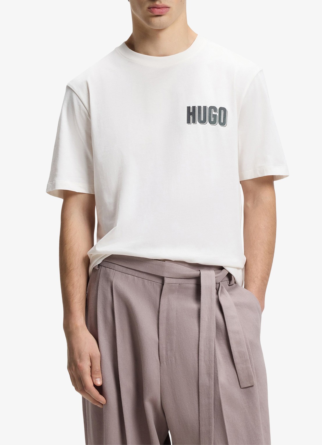 HUGO T-shirt met logo- en backprint - detail 4 natural-102 / wit