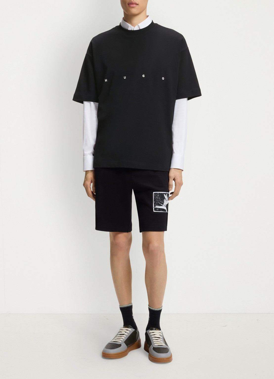 HUGO T-shirt met logo- en backprint - voorkant 3 zwart