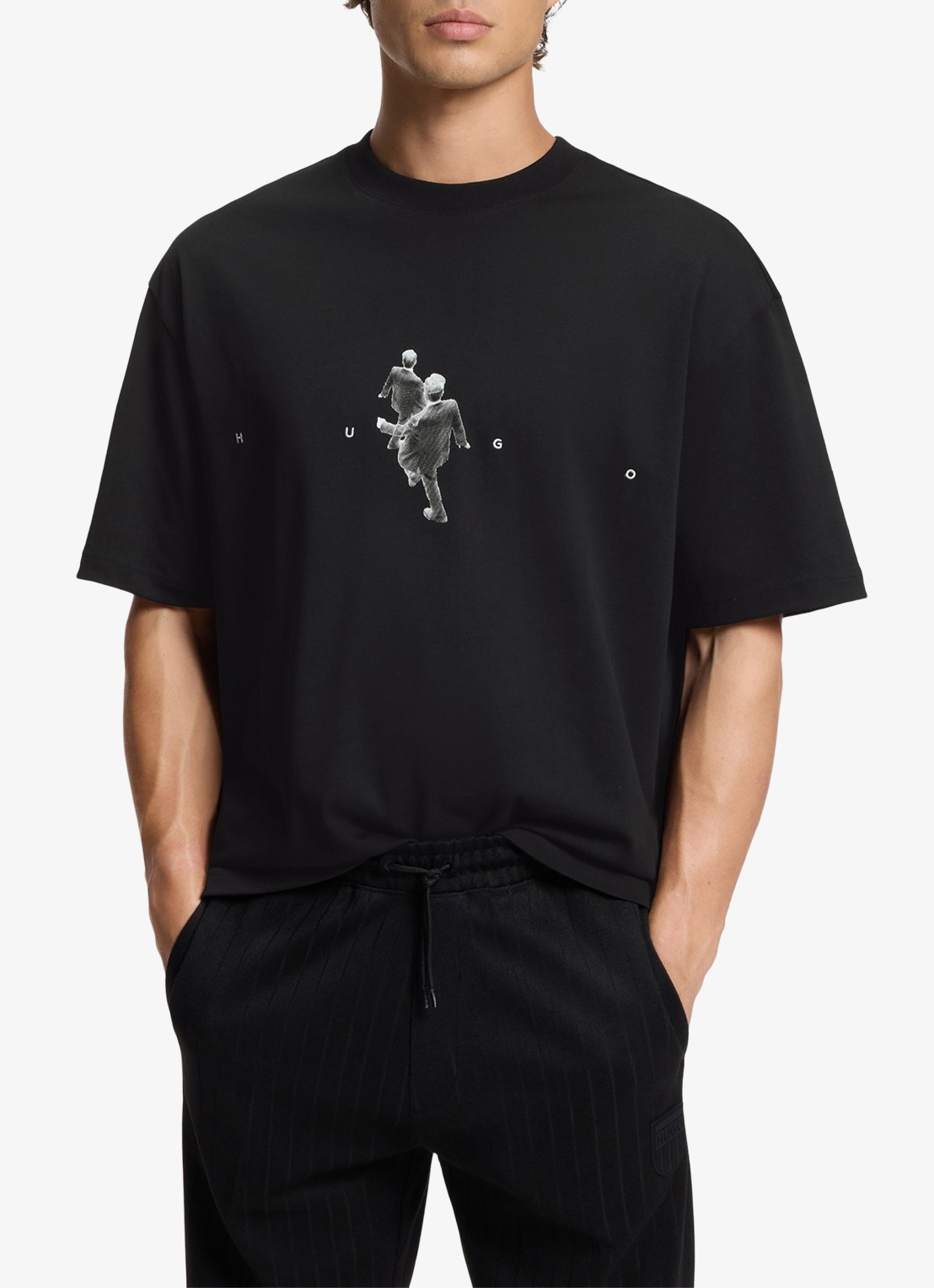 HUGO T-shirt met logoprint - detail zwart